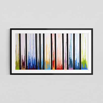 Framed Colors Rising abstract print with a white mat on a plain gray wall