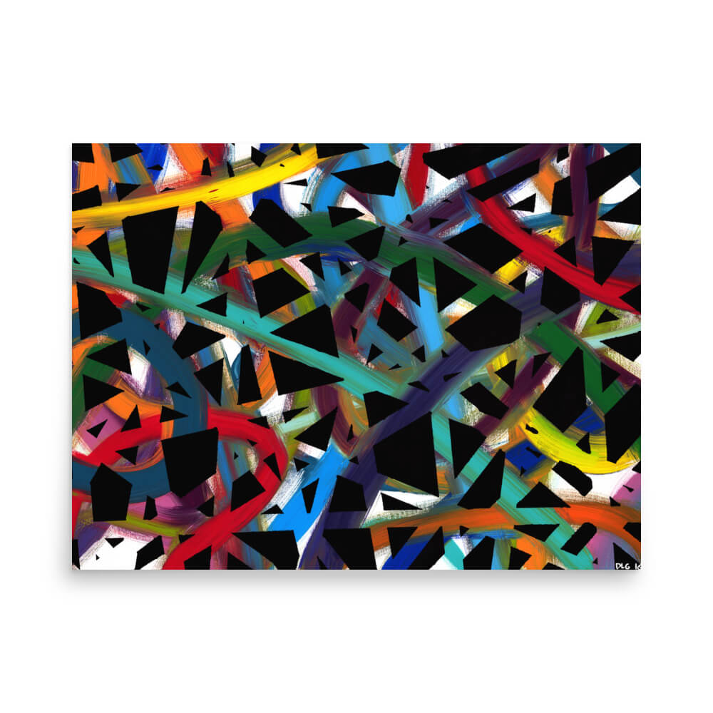 Cross Roads abstract print with a mosaic of color and black triangles, 18x24