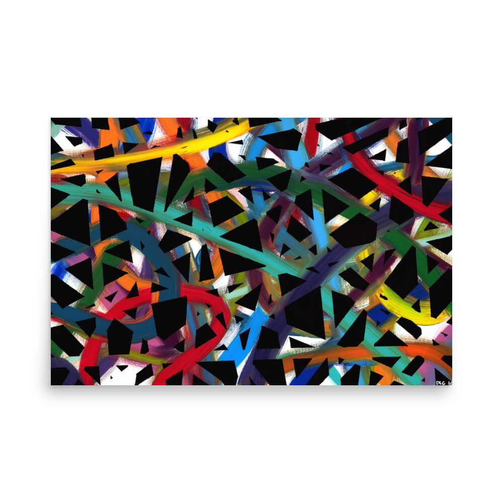Bold ribbon-like brushstrokes over black geometric shapes, 24x36 art print