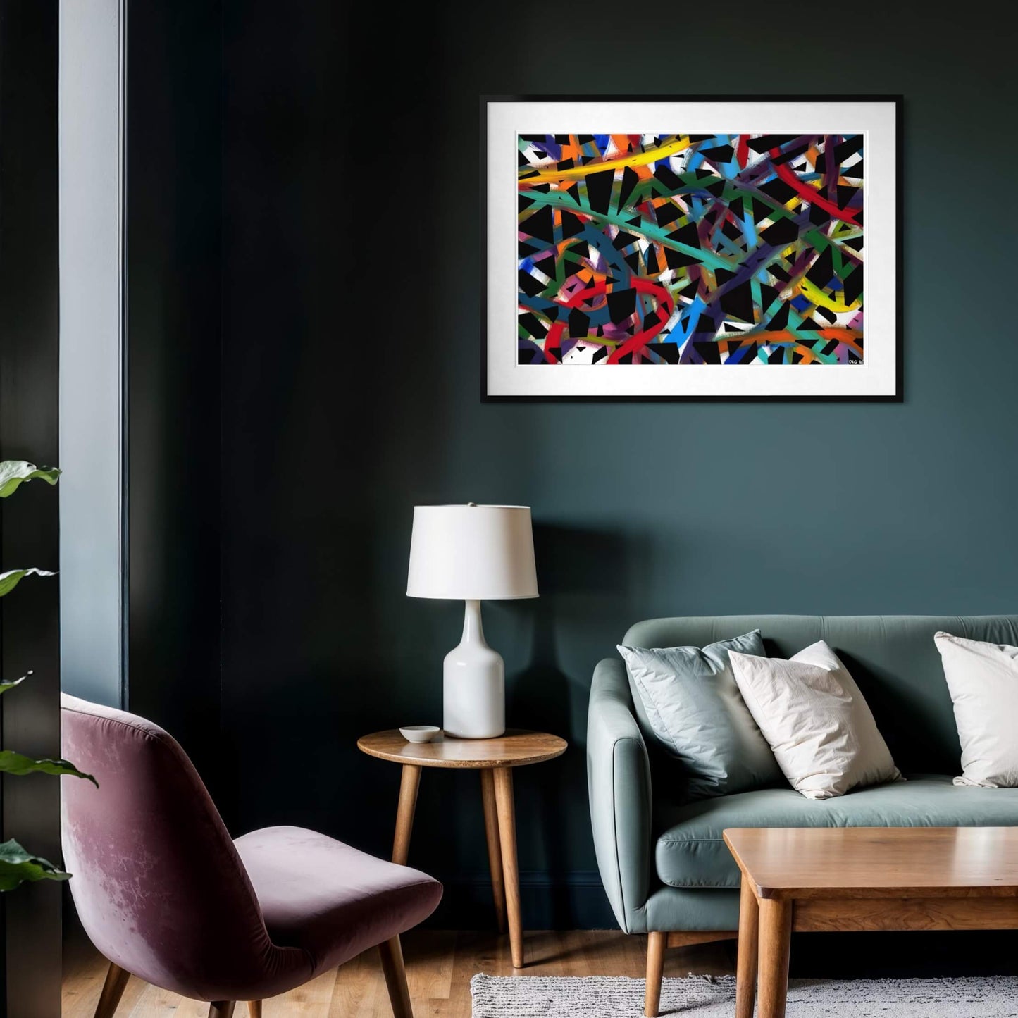 Framed Cross Roads abstract print on a dark teal wall in a modern living room