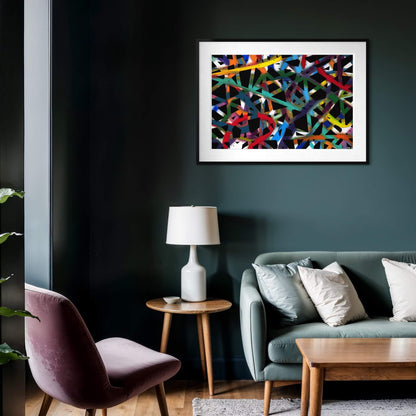 Framed Cross Roads abstract print on a dark teal wall in a modern living room