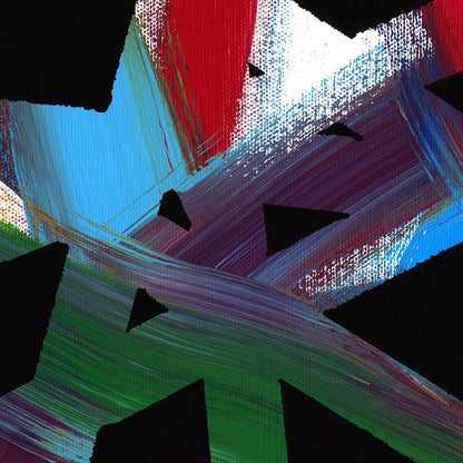 Close-up of red, blue, and black triangle brushwork on the Cross Roads painting