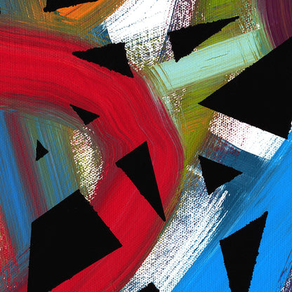 Close-up of interlocking color bands and black triangles on Cross Roads
