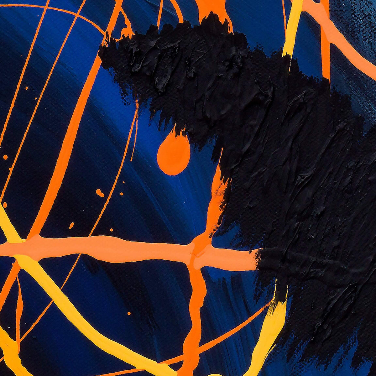 Darkness Conspiers 2 detail of a black brushstroke and single orange drop over deep blue canvas