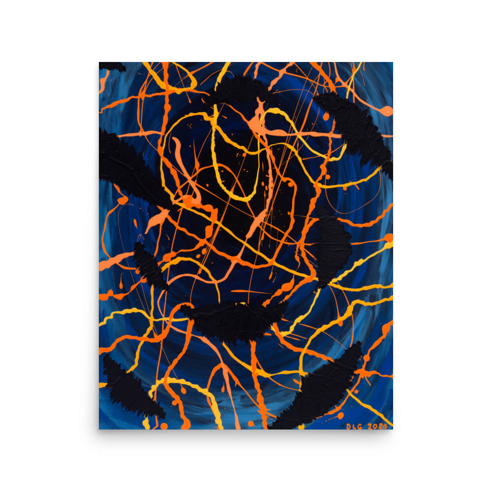 Darkness Conspiers 2 abstract wall art print with orange drip lines over a deep navy background