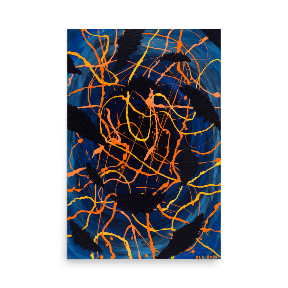 Darkness Conspiers 2 abstract art print with orange and yellow drips over a deep blue swirl