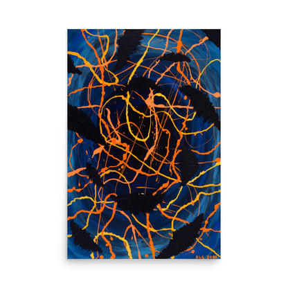 Darkness Conspiers 2 abstract art print with orange and yellow drips over a deep blue swirl