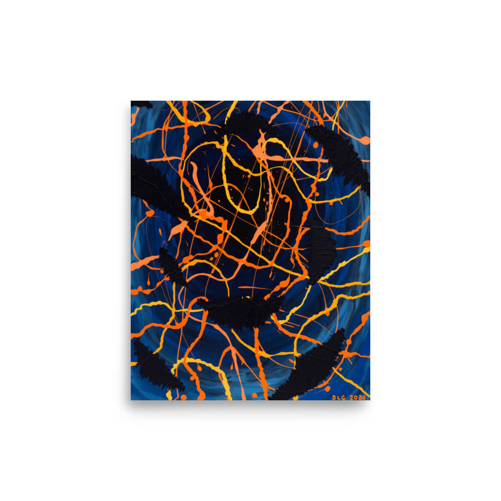 Darkness Conspiers 2 abstract wall art print with warm orange tones over a cool blue backdrop