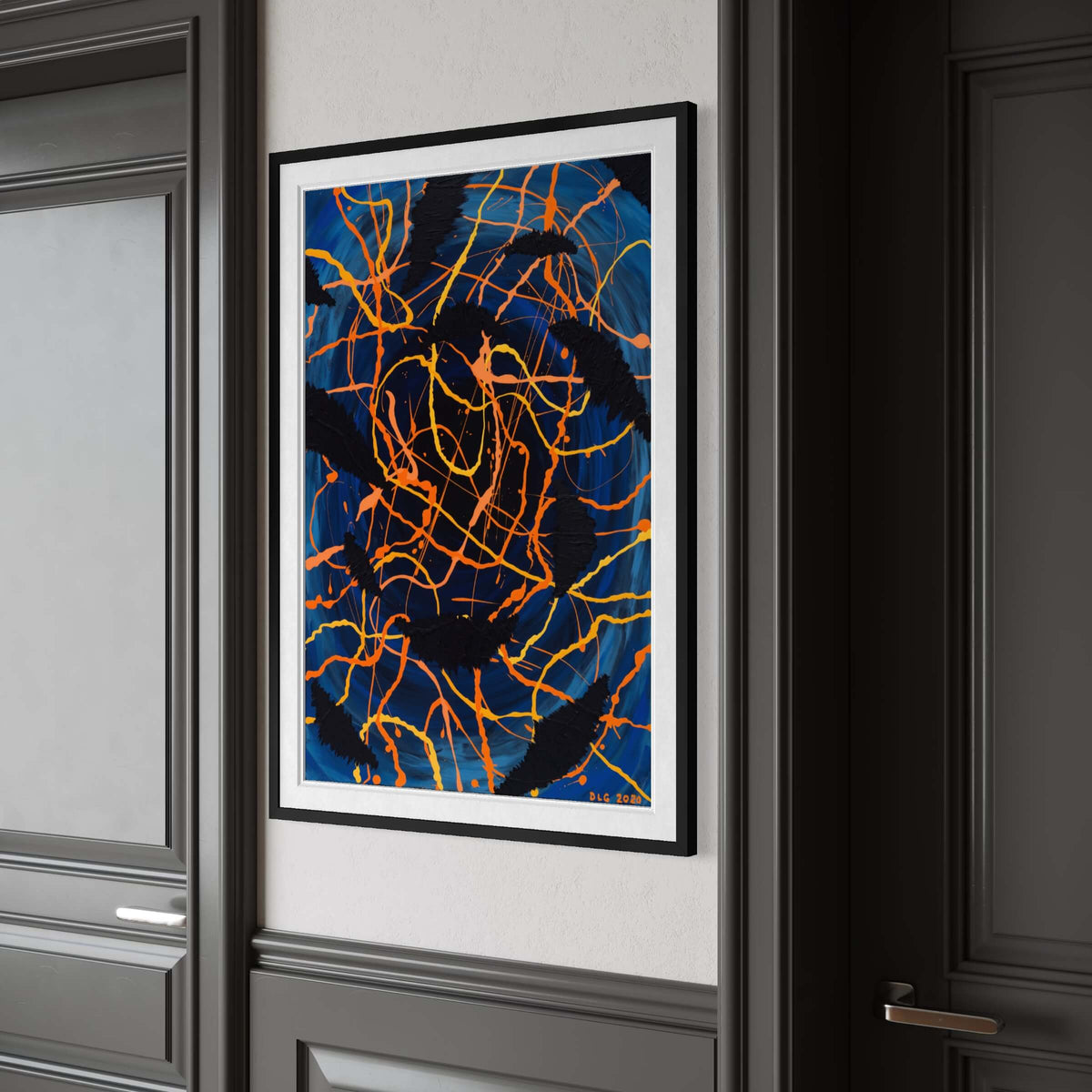 Darkness Conspiers 2 framed print angled on a dark paneled hallway wall showing orange drips
