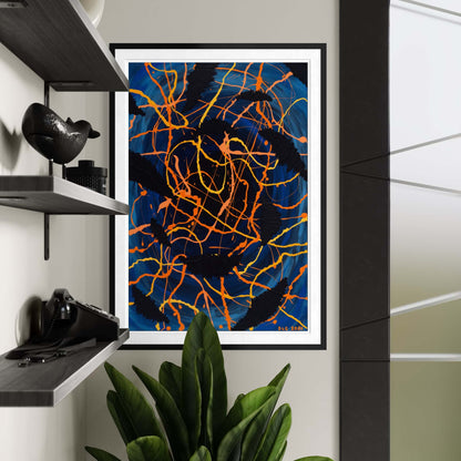 Darkness Conspiers 2 framed print hanging above eclectic shelves styled with vintage decor