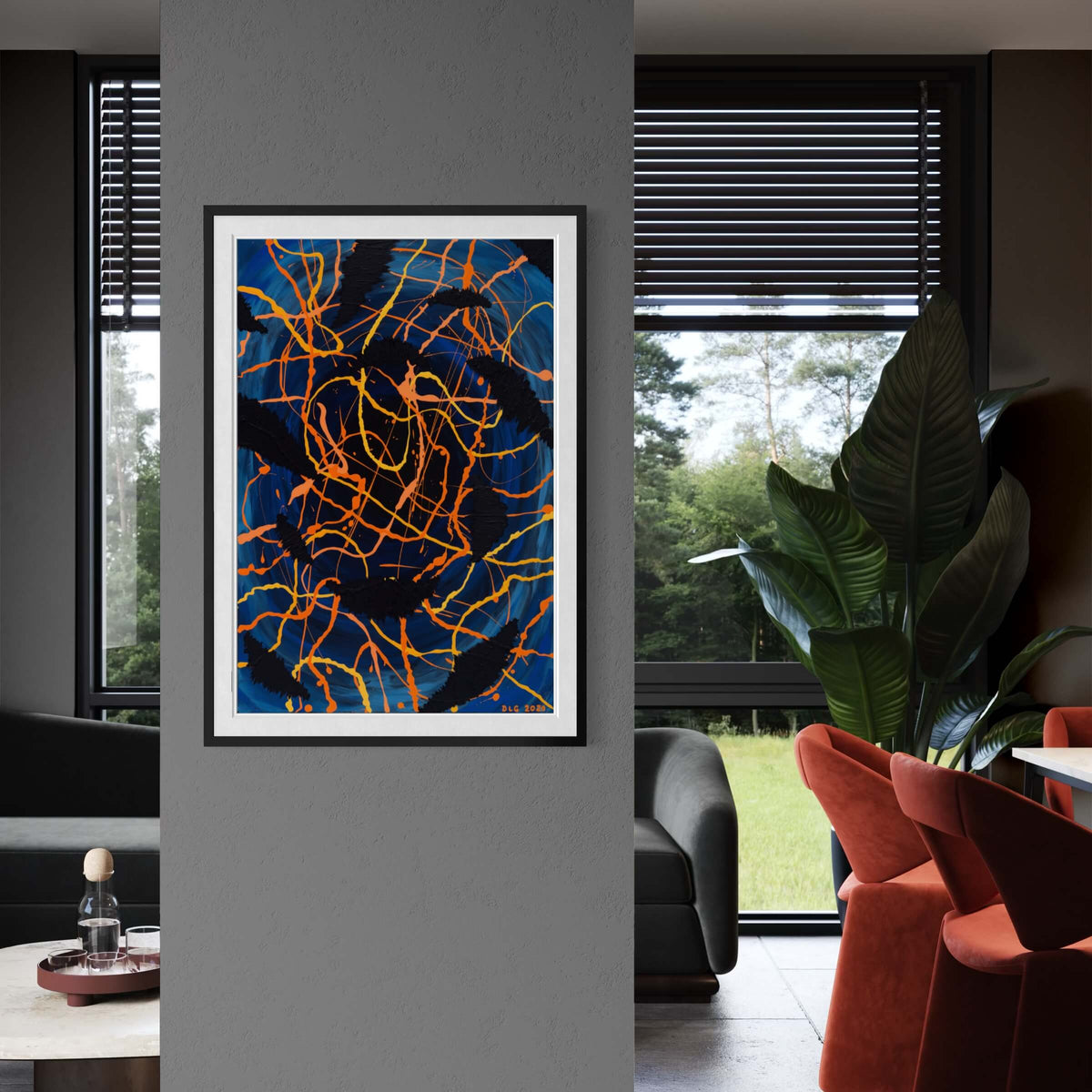 Darkness Conspiers 2 framed in a modern hallway with a black frame and green potted plant nearby