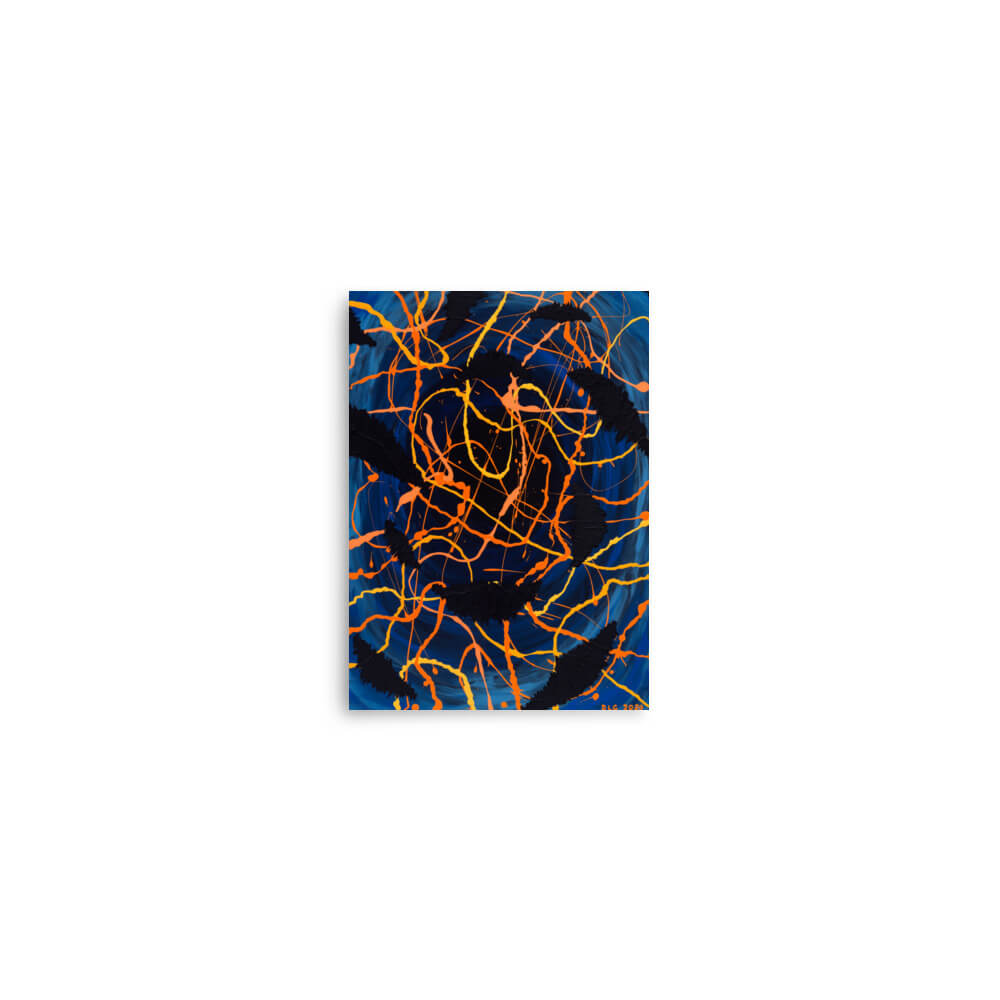 Darkness Conspiers 2 small abstract print with looping orange drip lines and black accents