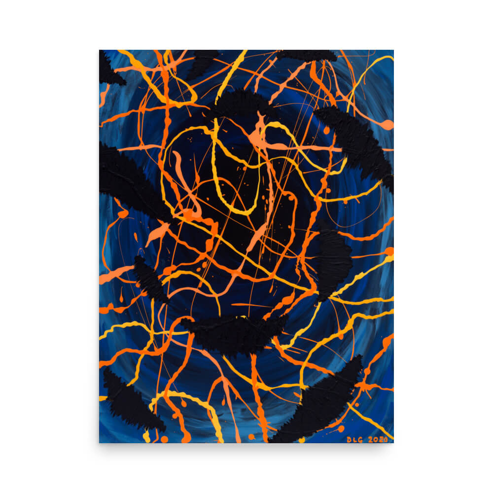 Darkness Conspiers 2 vertical canvas print featuring tangled orange and yellow lines on blue