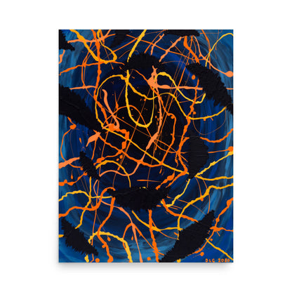 Darkness Conspiers 2 vertical canvas print featuring tangled orange and yellow lines on blue