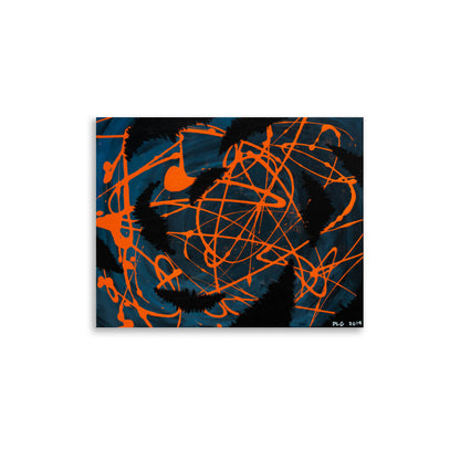 Darkness Conspires 1 abstract print with looping orange drip lines on a swirling blue backdrop