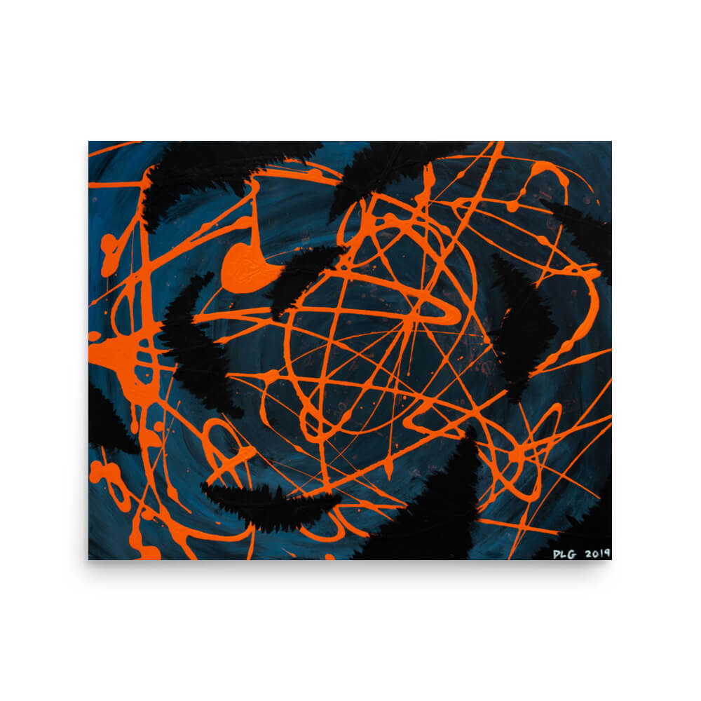 Darkness Conspires 1 abstract print with orange drip lines and black shapes on deep blue