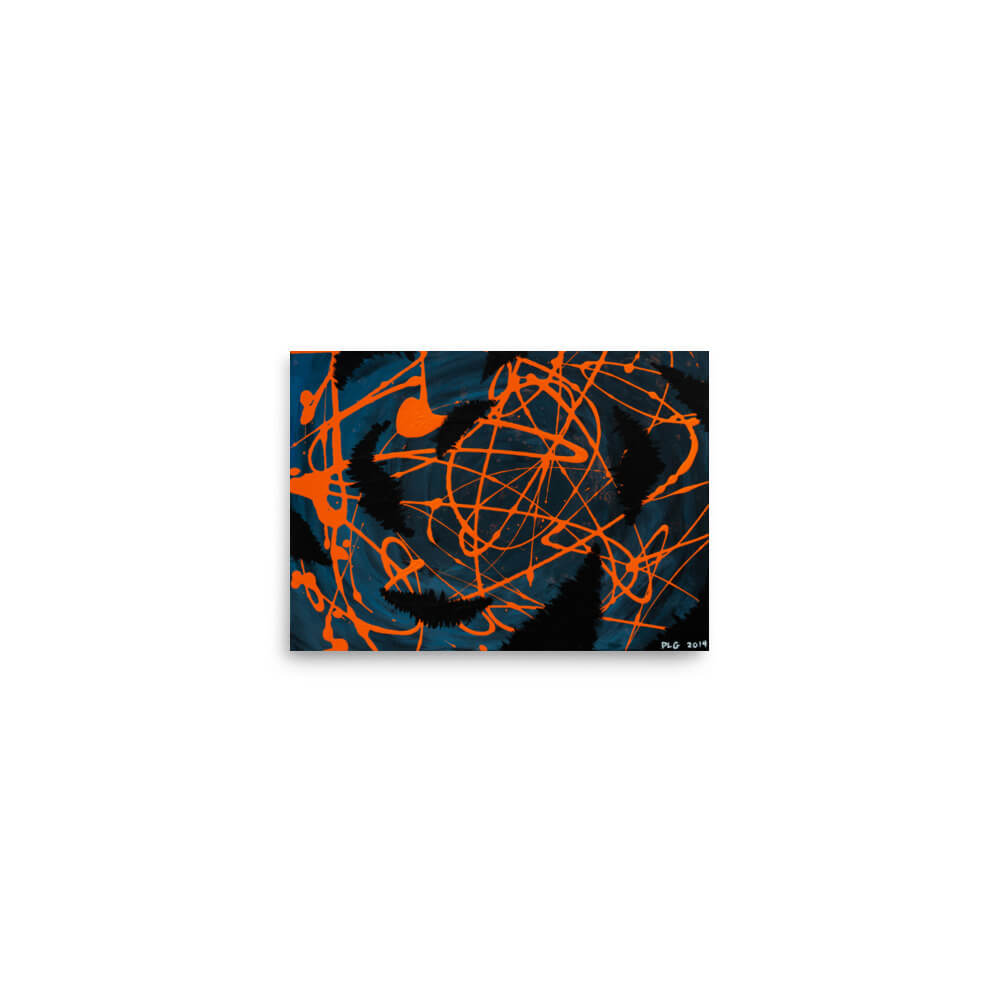 Darkness Conspires 1 small abstract art print with dripped orange lines and black shapes
