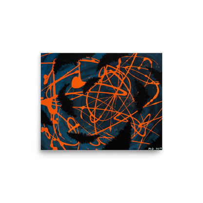 Darkness Conspires 1 abstract wall art print featuring orange paint drips over deep blue