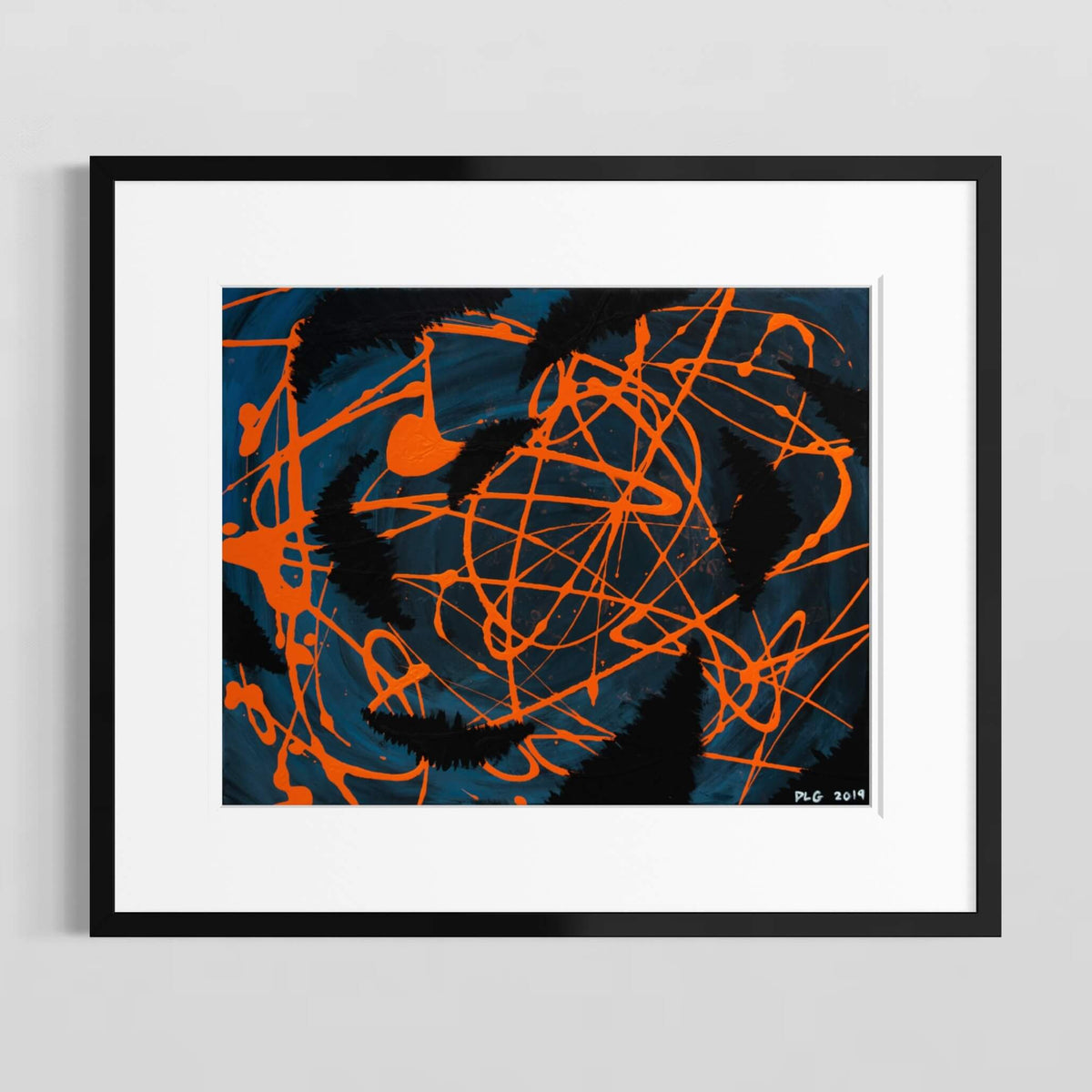 Darkness Conspires 1 framed in a black frame with white mat on a gray wall