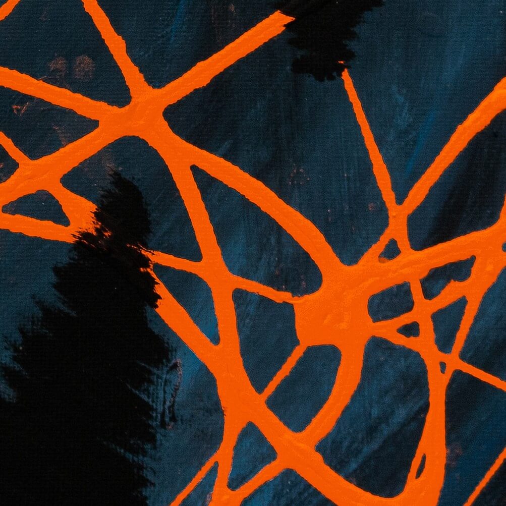 Darkness Conspires 1 close-up of orange drip lines weaving past a jagged black shape on navy blue