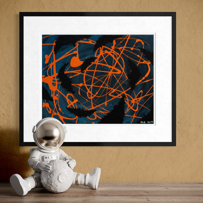 Darkness Conspires 1 framed on a mustard wall beside a playful astronaut figurine