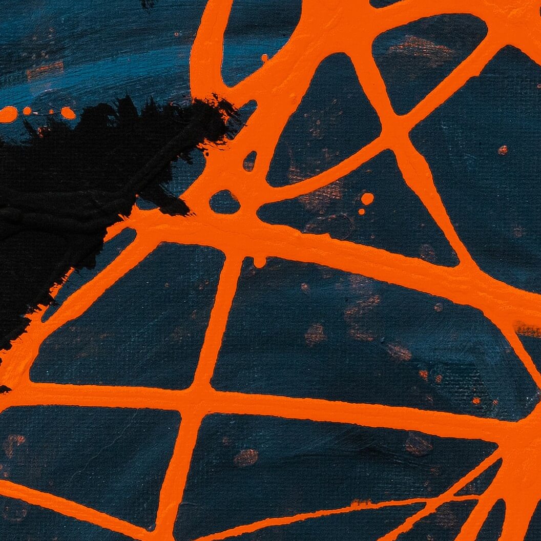 Darkness Conspires 1 detail: orange line work crossing a black brushstroke on deep teal canvas