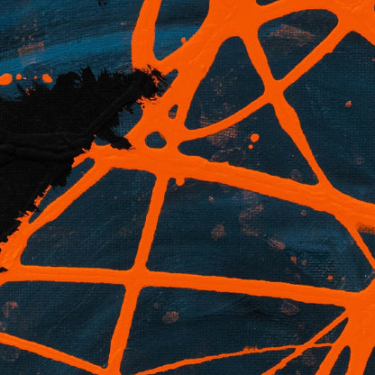 Darkness Conspires 1 detail: orange line work crossing a black brushstroke on deep teal canvas