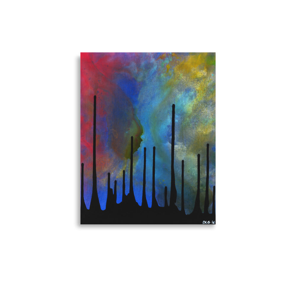 Drip modern wall art print, thin black drips over a multicolor gradient, 11x14