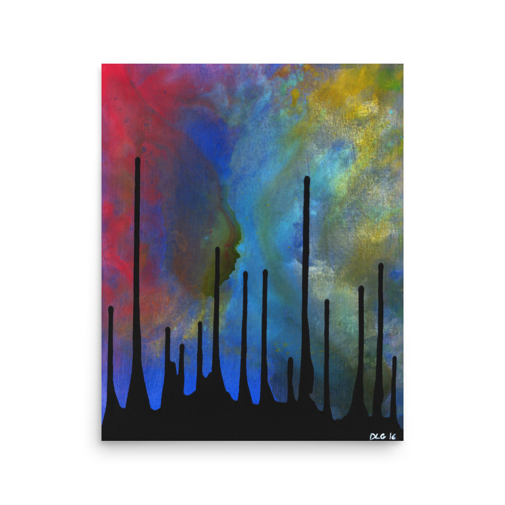 Drip abstract print with black paint trails over a rainbow wash, 16x20 poster