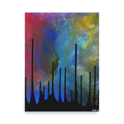 Drip large format print, black paint trails against a vivid color wash, 18x24