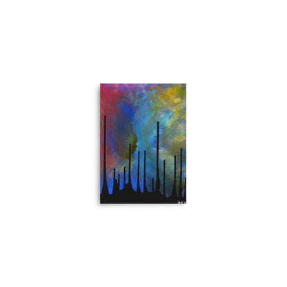 Small Drip abstract art print with a colorful sky and black drips, 5x7