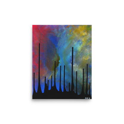 Drip painting print, dripping black lines over red and blue, 8x10 wall art