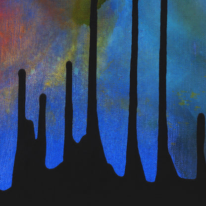 Close-up of the red-to-blue color field on the Drip painting, no drips visible