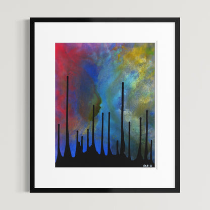 Framed abstract wall art featuring a colorful background with red, blue, and yellow tones, overlaid with black vertical brushstroke-like forms. The artwork is shown in a black frame with a white mat against a light gray wall.