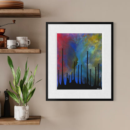 Framed Drip abstract print on a kitchen wall beside open shelves with mugs