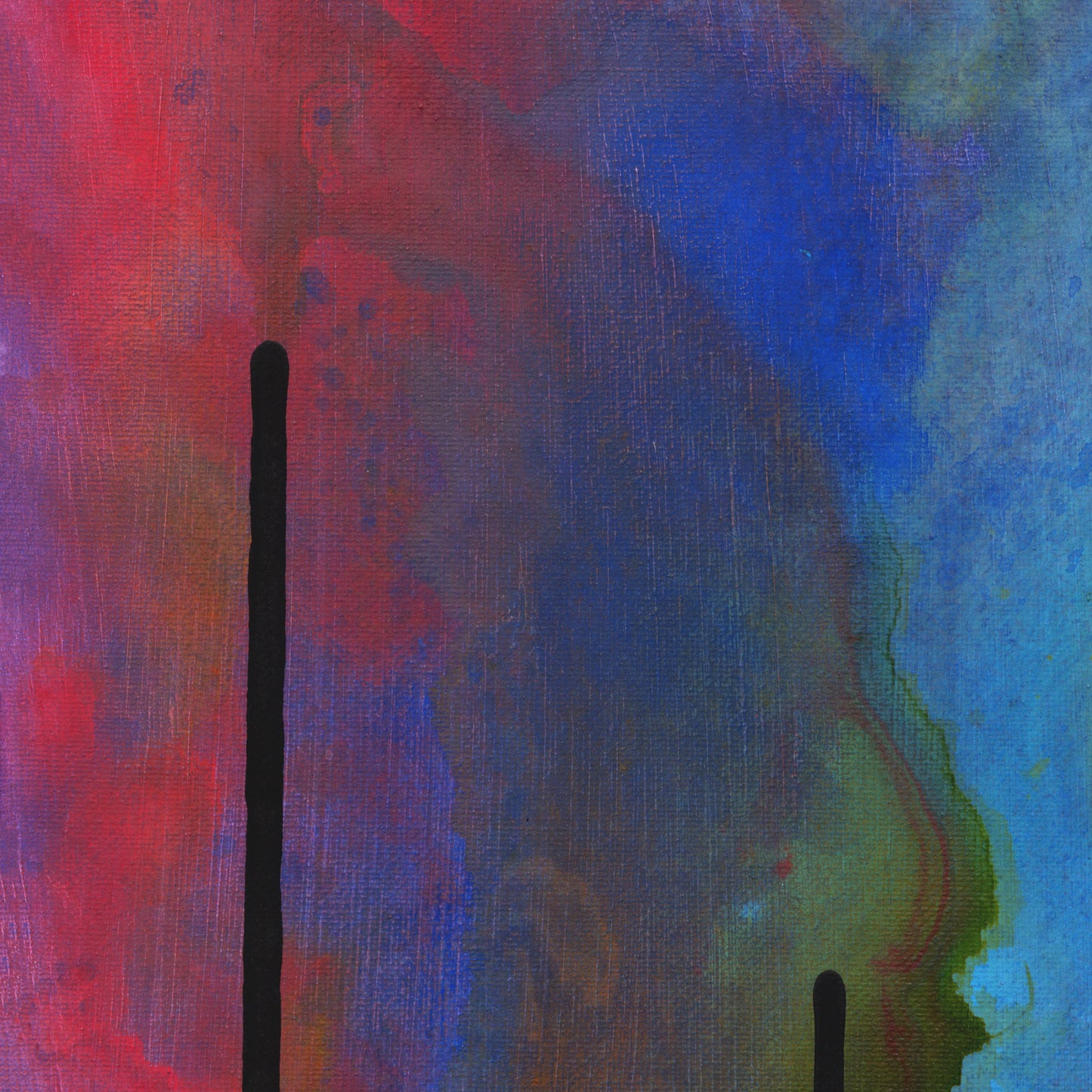 Close-up of the red-to-blue color field on the Drip painting, no drips visible