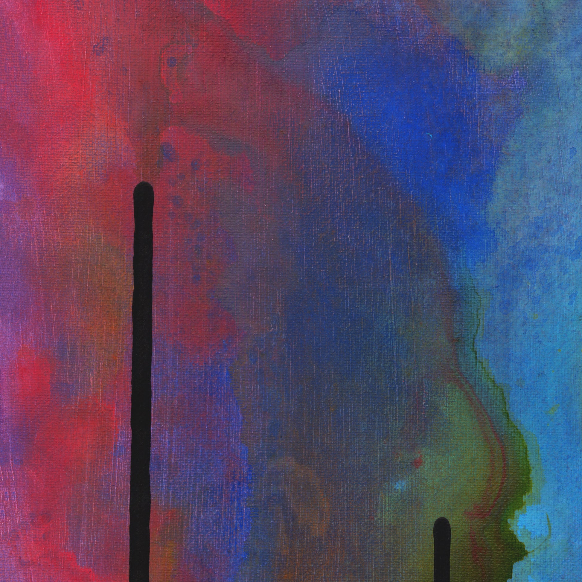 Close-up of the red-to-blue color field on the Drip painting, no drips visible