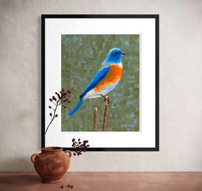 Eastern bluebird framed art print leaning against wall with terracotta pot and dried berries