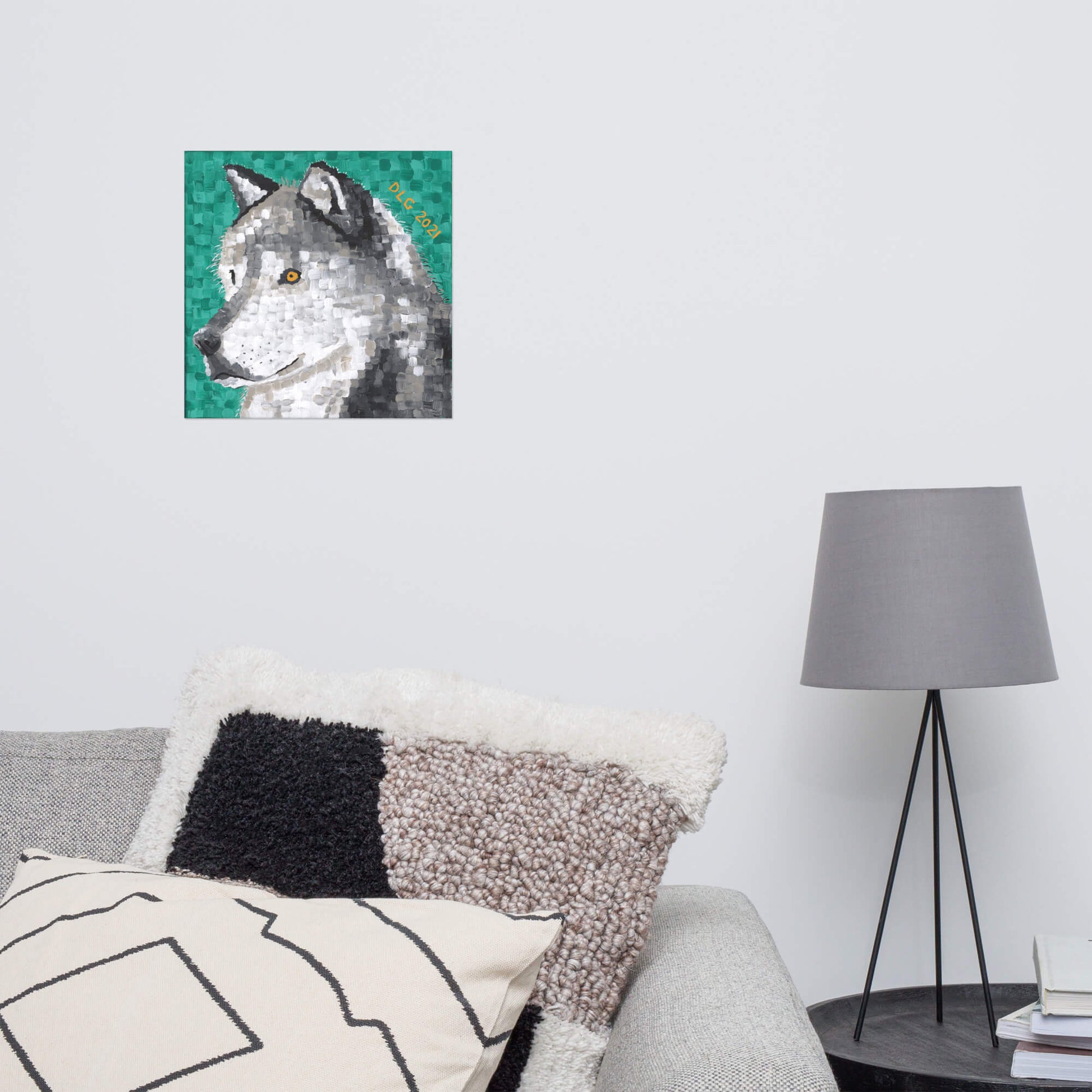 A beautiful wolf painting adorns the living room wall. The artwork captures the majestic essence of a wolf.