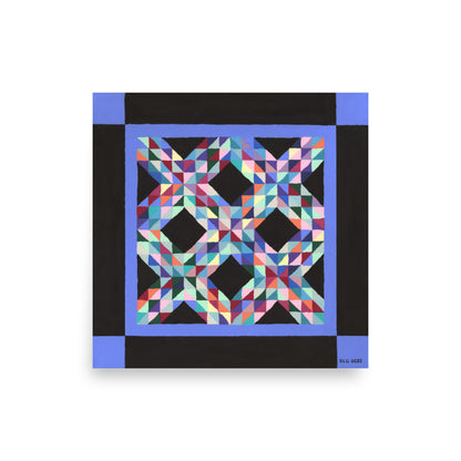 Product mockup - Closeup of Amish quilt art print on matte paper, vibrant artwork and fine art prints inspired by original artwork.