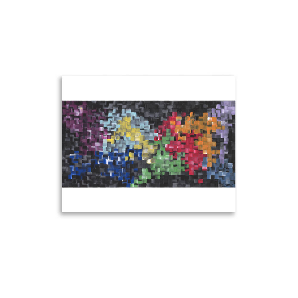 First 11x14 abstract art print with mosaic-like criss-cross brushwork in purple, yellow, and red