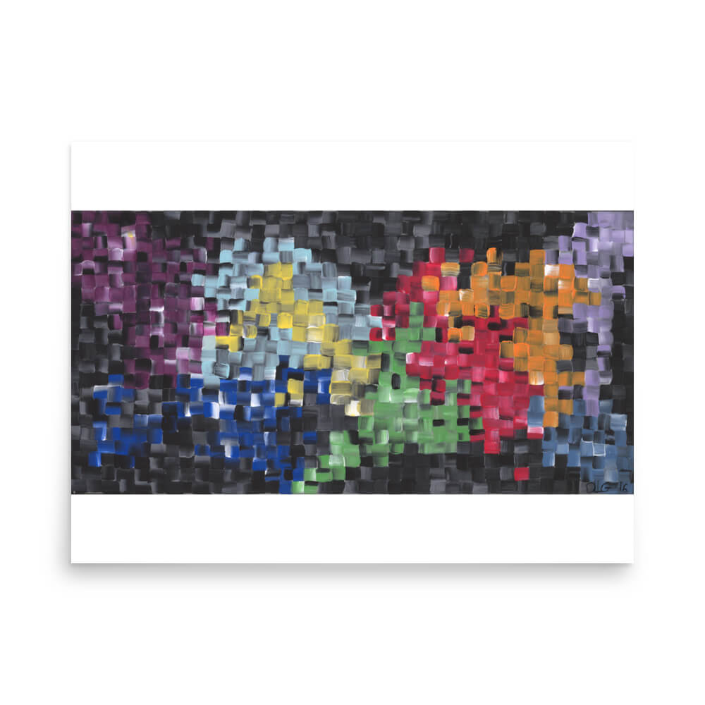 First 18x24 large abstract art print with a dense mosaic pattern of vivid color blocks