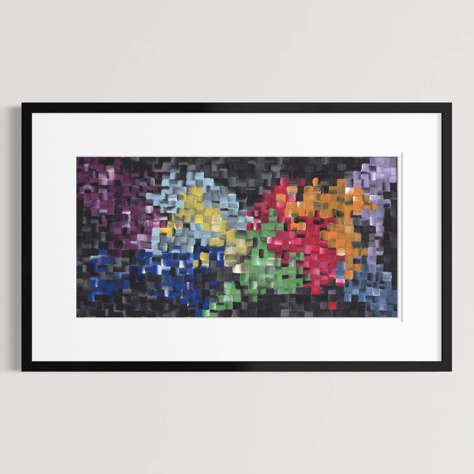 Framed First abstract print with a white mat hanging on a light gray gallery wall