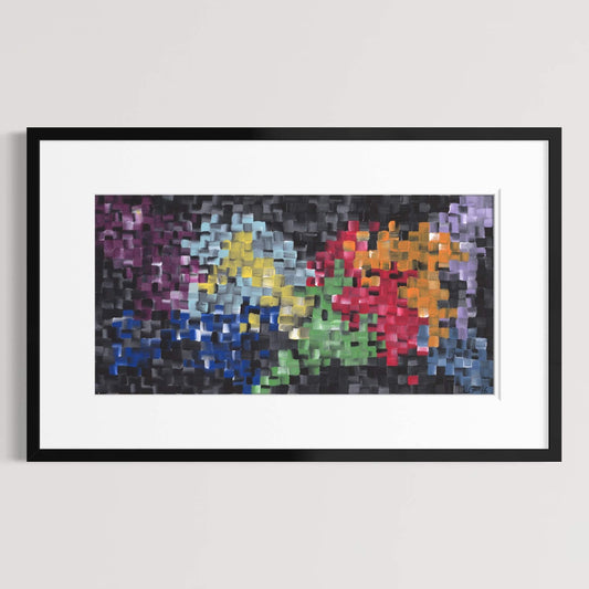 Framed First abstract print with a white mat hanging on a light gray gallery wall