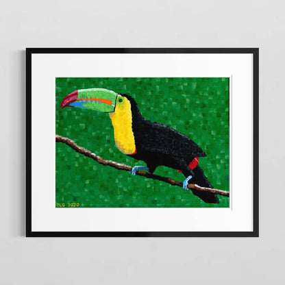 Framed toucan print with white matting displayed on a gray wall