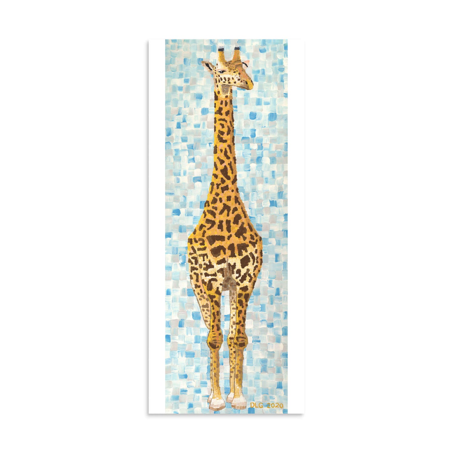 Tall giraffe wildlife art print 10x24, amber and chocolate tones on soft blue background