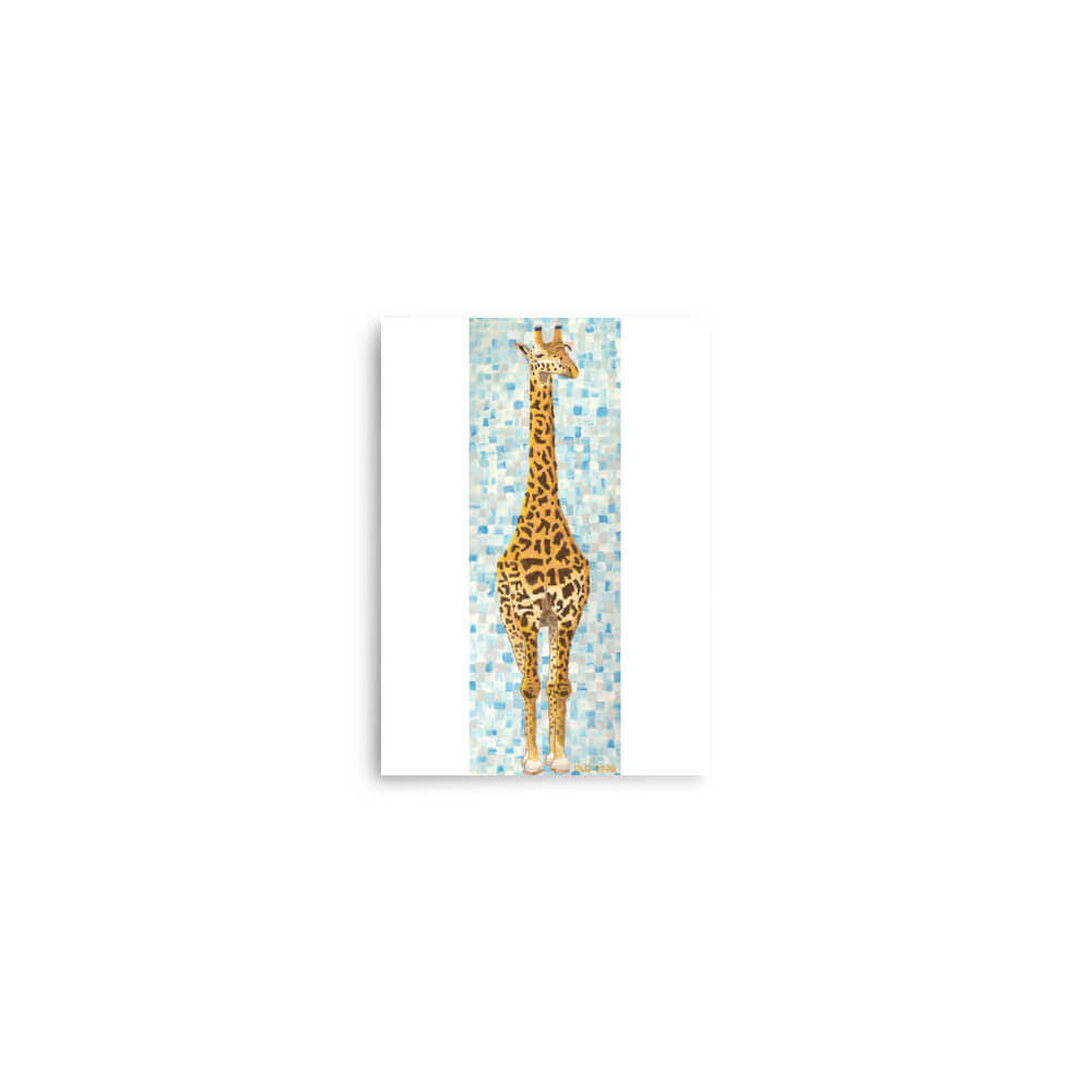Giraffe art print 5x7, full-length wildlife painting on blue mosaic background, Dorrin Gingerich