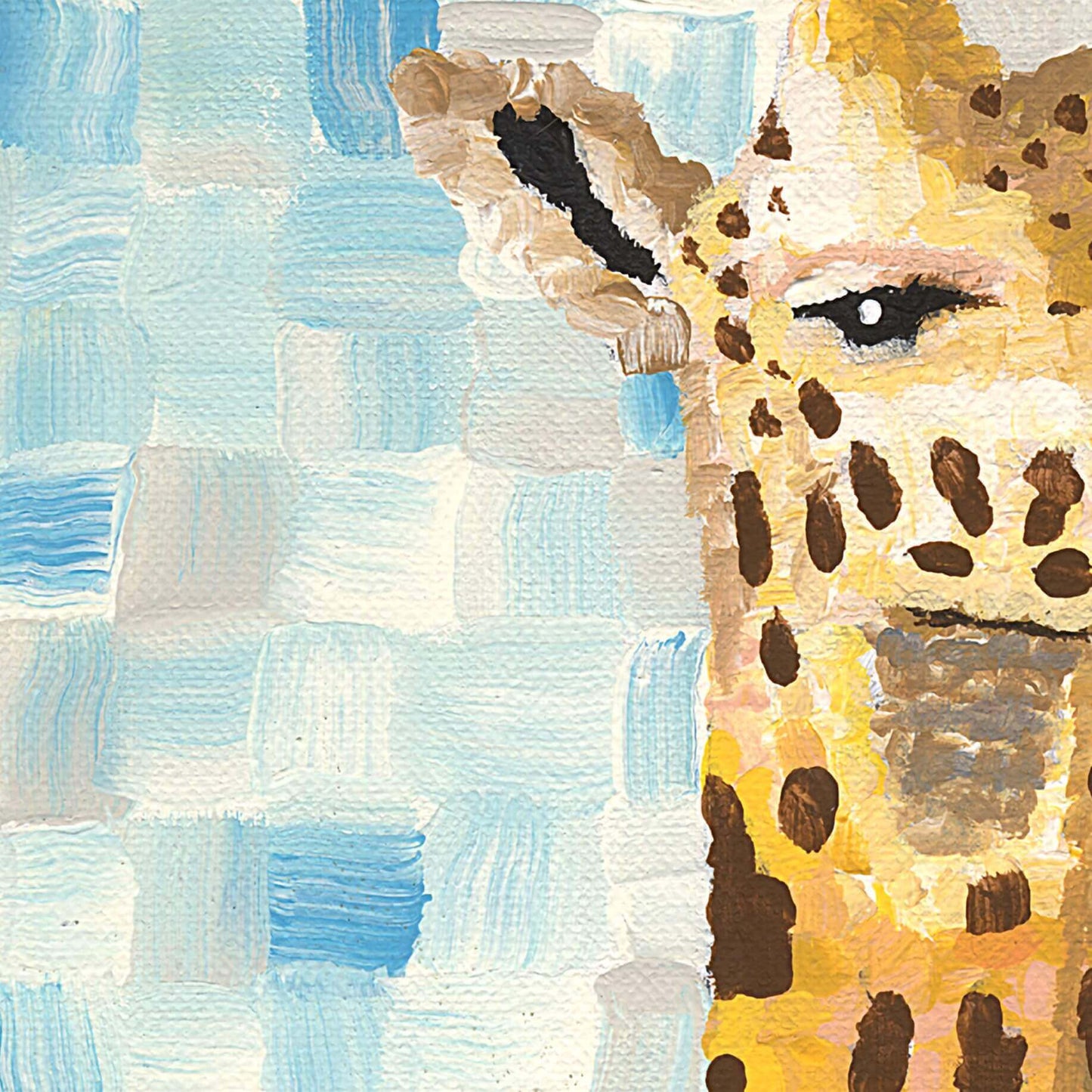 Close-up of painted giraffe face and eye, mosaic background detail, wildlife art by Dorrin Gingerich