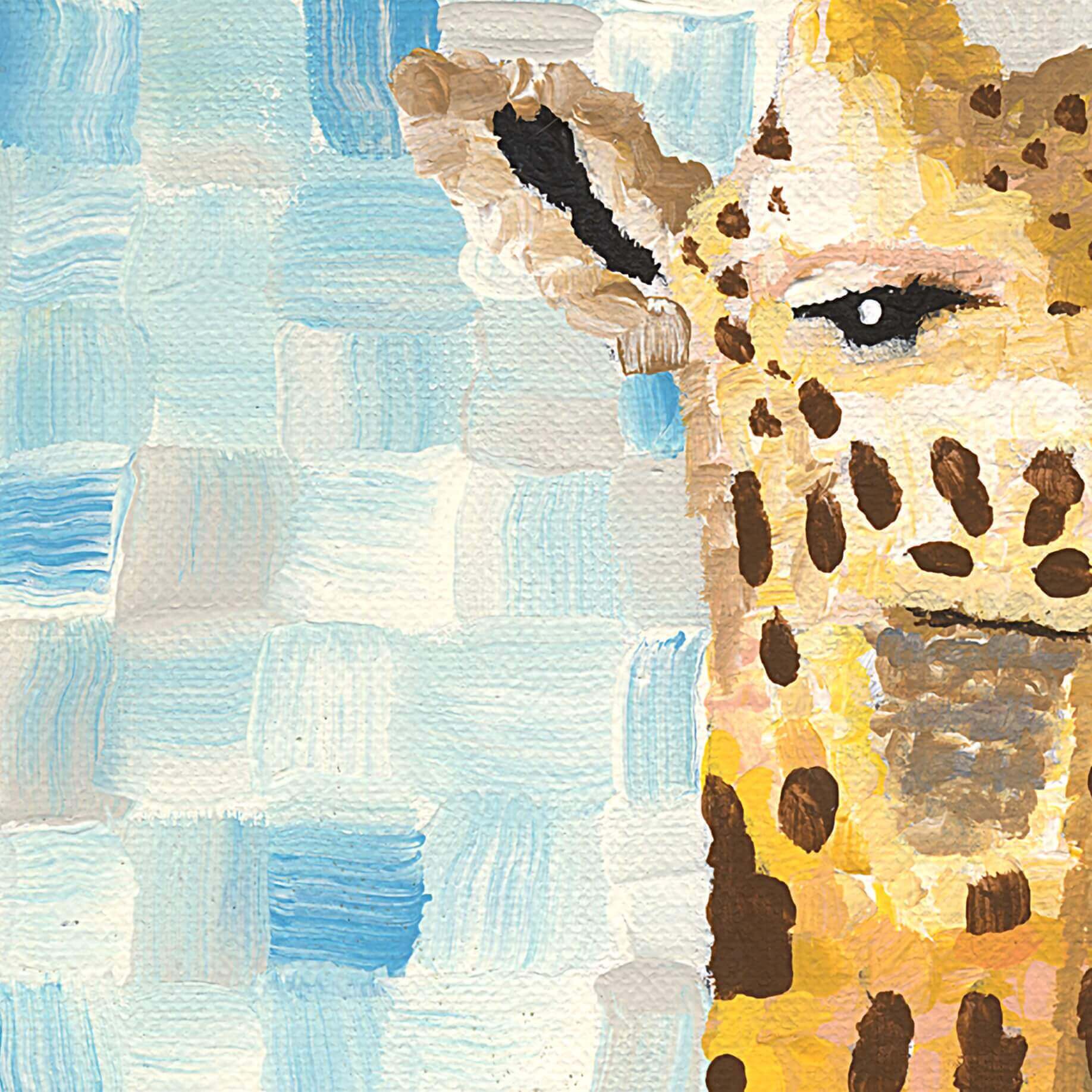Close-up of painted giraffe face and eye, mosaic background detail, wildlife art by Dorrin Gingerich