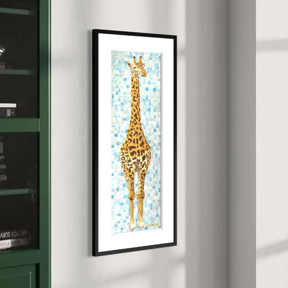 Framed giraffe painting beside dark green bookshelf, wildlife art print for home office
